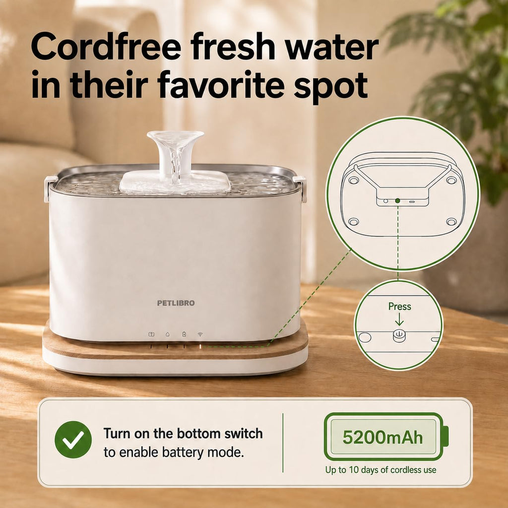 PETLIBRO Upgrade Cat Water Fountain, Cordless Cat Fountain Battery Operated, App Monitoring 3L/101oz Dockstream 2 Pet Water Fountain with Stainless Steel Tray, 5GHz WiFi Dog Water Bowl Dispenser